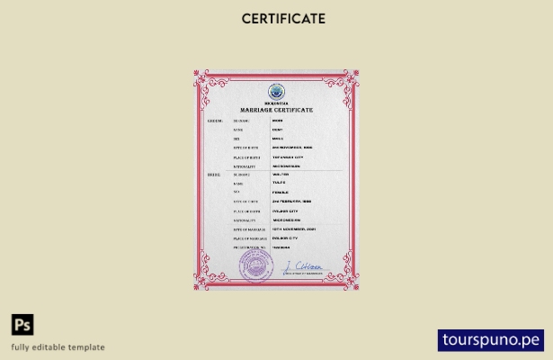 Plantilla PSD de certificado de matrimonio de Micronesia lista para imprimir